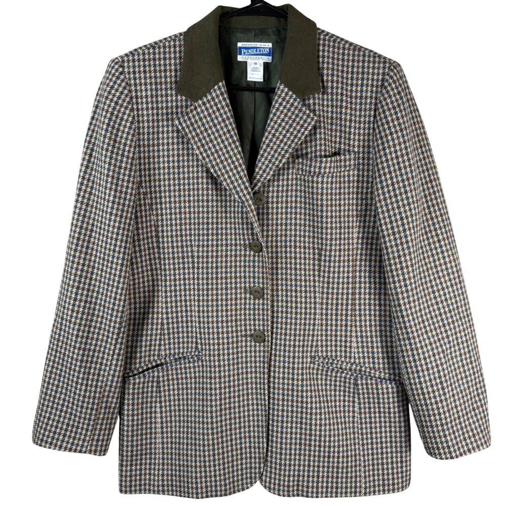 Pendleton Knockabouts Wool Blazer Womens 10 Green Houndstooth Vintage USA Jacket